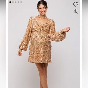 Gold Sequin Velour Front Tie Maternity Mini Dress